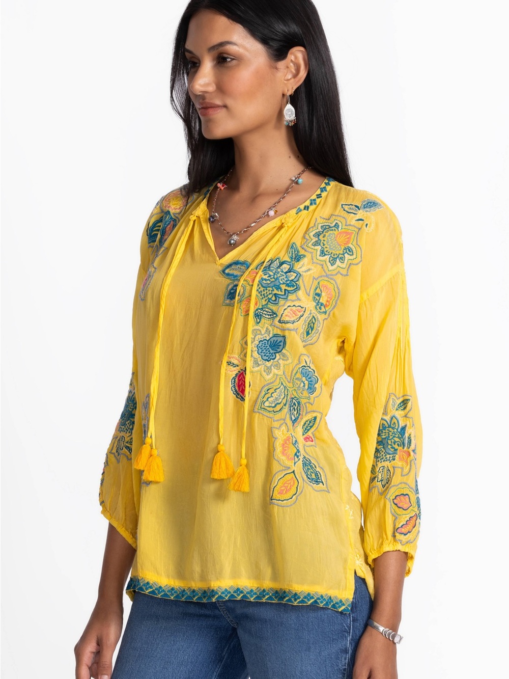 NWT Johnny Was Margot Blouse Odesa Yellow Embroidered Tassel Women's Top XS